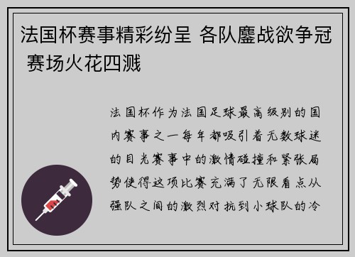 法国杯赛事精彩纷呈 各队鏖战欲争冠 赛场火花四溅