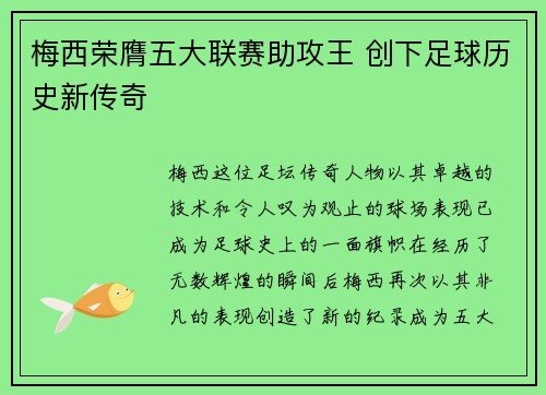 梅西荣膺五大联赛助攻王 创下足球历史新传奇